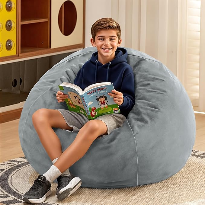 HABUTWAY 2FT Bean Bag Chair, 2' Beanbags Small Bean Bag Chairs with Filling, Teardrop Bean Bag Chair Luxurious Velvet Ultra Soft Fur with Removable Cover(Light Grey)