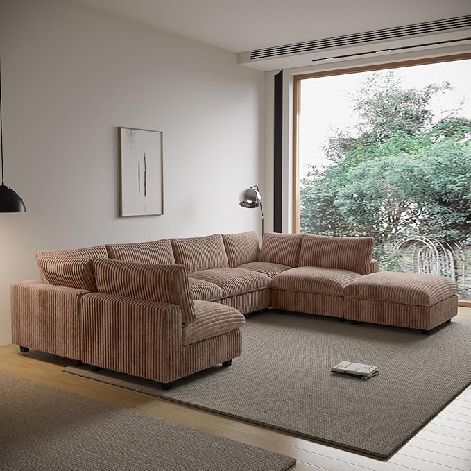 Cloud Modular Sectional Sofa,157" Oversized 7 Seater Sofa,V Shaped Couch with Storage Ottoman,Plush Sofas for Living Room,Comfy Couch with Chaise,Covers Washable&Replaceable (Brown)