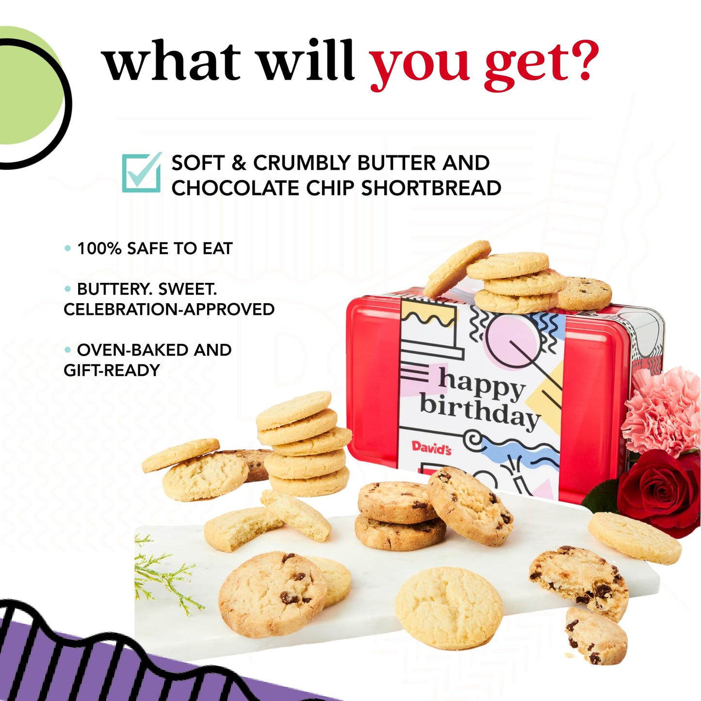 David’s Cookies Happy Birthday Shortbread Cookies Gift Tin – Original and Chocolate Chip Shortbread in Sweet Sampler – Gourmet Dessert Bakery Gift for Birthday Party Celebrations and Special Occasions
