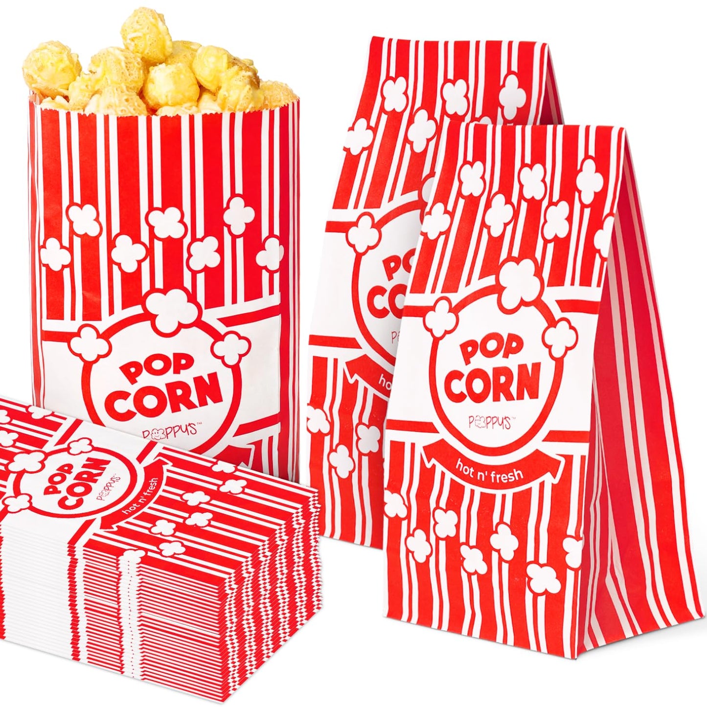 Poppy's Flat Bottom Paper Popcorn Bags – 50 Pack 2 oz Concession-Grade Bags, Popcorn Machine Accessories for Popcorn Bars, Movie Nights, Concessions
