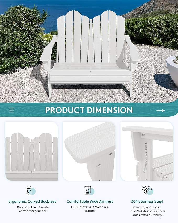 SERWALL Folding Adirondack Bench Set of 2, HDPE All-Weather Adirondack Loveseat, Folding Outdoor Bench, Whire