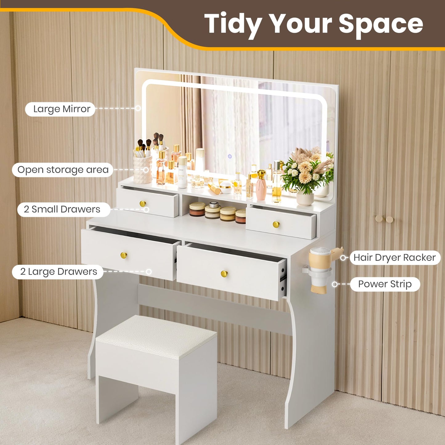 Pamapic Vanity Desk with Mirror and Lights,4 Drawers Golden Handles Makeup Vanity with Storage Stool,Power Outlet,3 Lighting Modes,Silent Slides