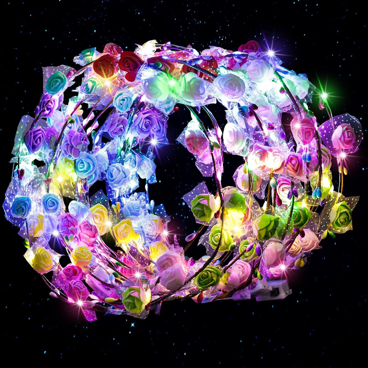 LovesTown 24PCS LED Flower Crowns Headbands, Light up Flower Crowns for Women Glow in the Dark Party Supplies for Halloween Christmas Party Wedding Birthday Mardi Gras Cosplay Gifts
