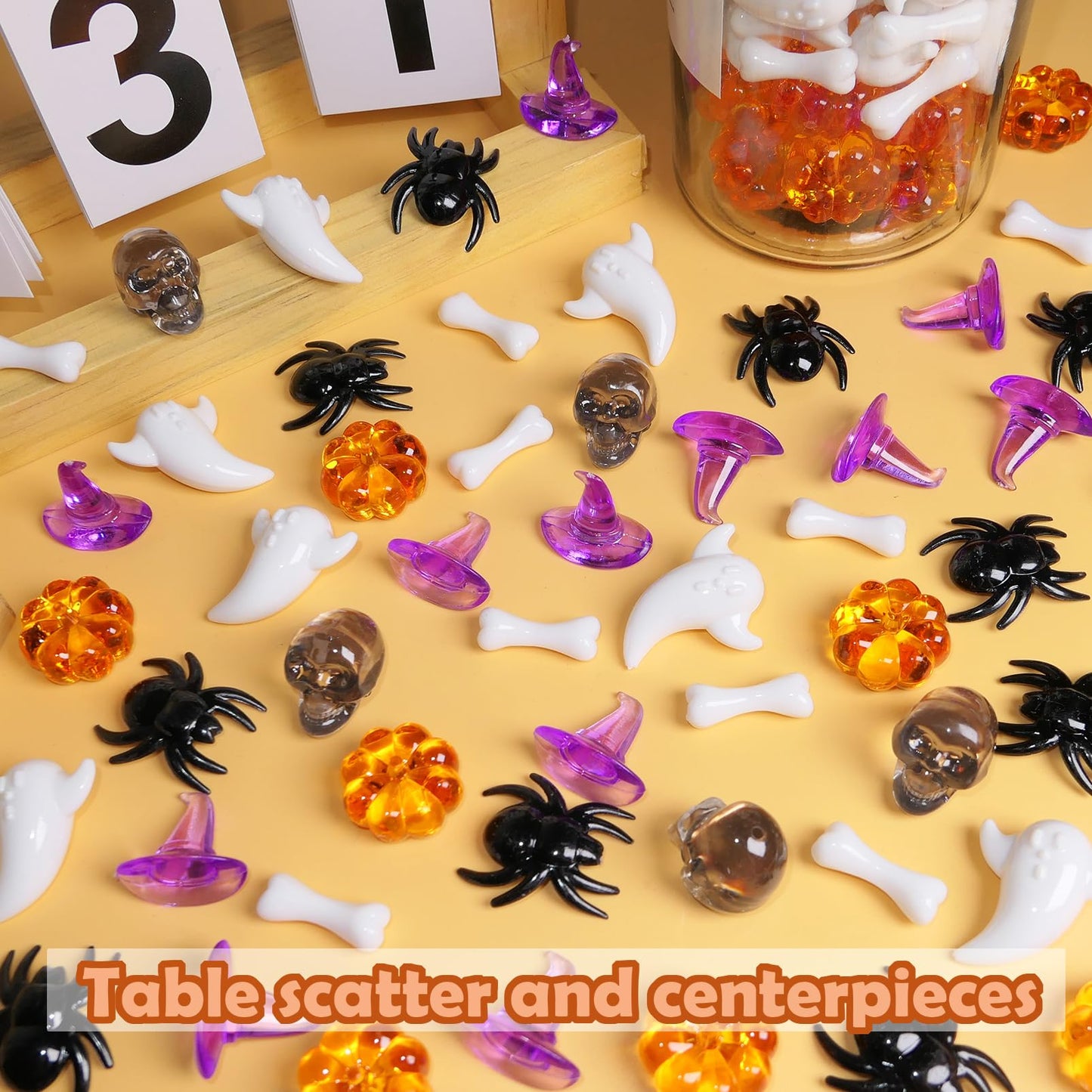 HADDIY Halloween Sensory Bin Filler,300 Pcs Mini Acrylic Pumpkin Ghost Skull Gems Vase Fillers for Halloween Centerpieces Table Decorations,Table Scatters,Preschool Counting and Craft