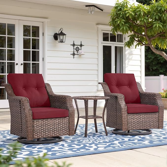 Belord 4" Thick Cushion Outdoor Swivel Rocker Patio Chairs Set of 2, Wicker 3 Piece Patio Furniture Set with Side Table and Comfort High Back Outdoor Patio Glider Chair - Brown Wicker/Red Cushion