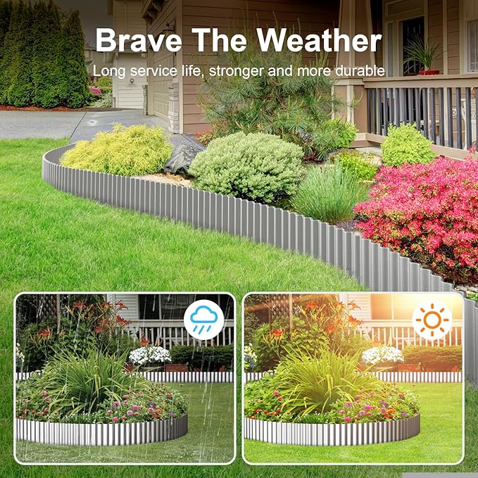Land Guard Corrugated Garden Edging Border, 12" × 25' Landscape Paver Edging, Tall Landscape Edging, Fence for Garden, Flower Bed, Lawn and Landscape Edging (Silver)