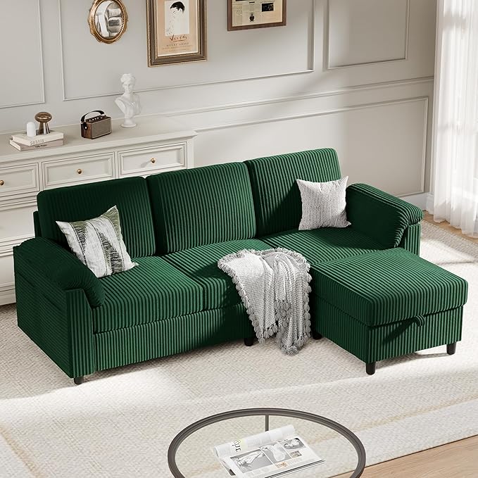 Meilocar Sectional Sofa Couch for Living Room, 79" Sectional Couch with Storage Ottoman, L Shaped Couches with Armrests Side Storage Pockage, 3-Seat Sofa Couches for Living Room, Apartment, Green