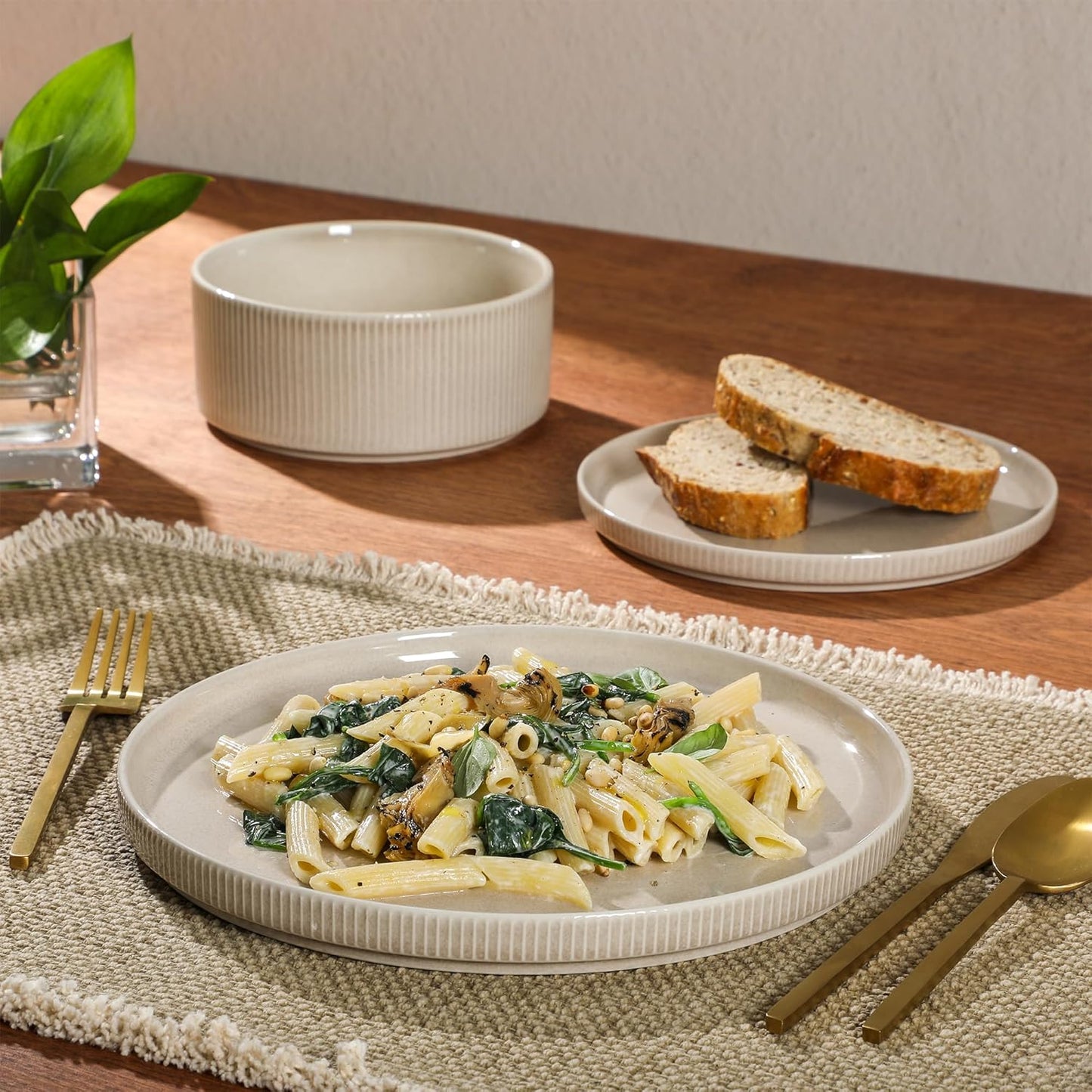 Gibson Elite Solana Coast 12 Piece Stoneware Reactive Glaze (Service for 4) Ceramic Plates and Bowls Modern Shape Embossed Dinnerware Set - Cream White