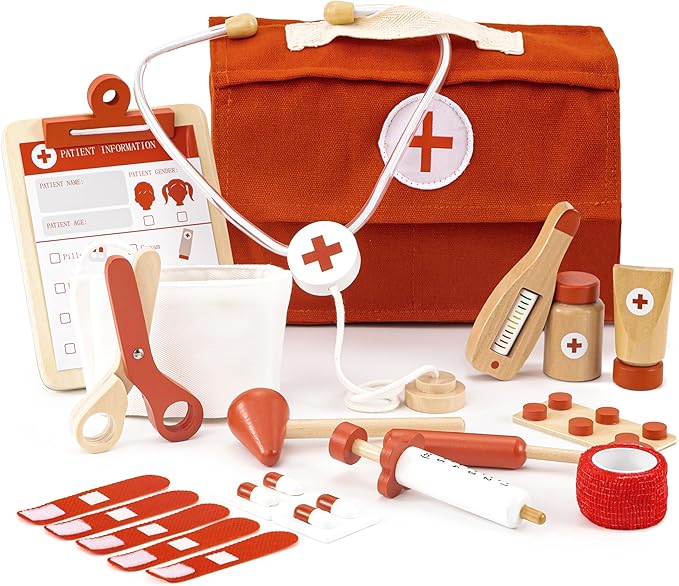 Wooden Doctor Play Set for Toddlers - A Complete Durable Pretend Play Medical Kit for Kids 3-5 with Realistic, Non-Toxic T...