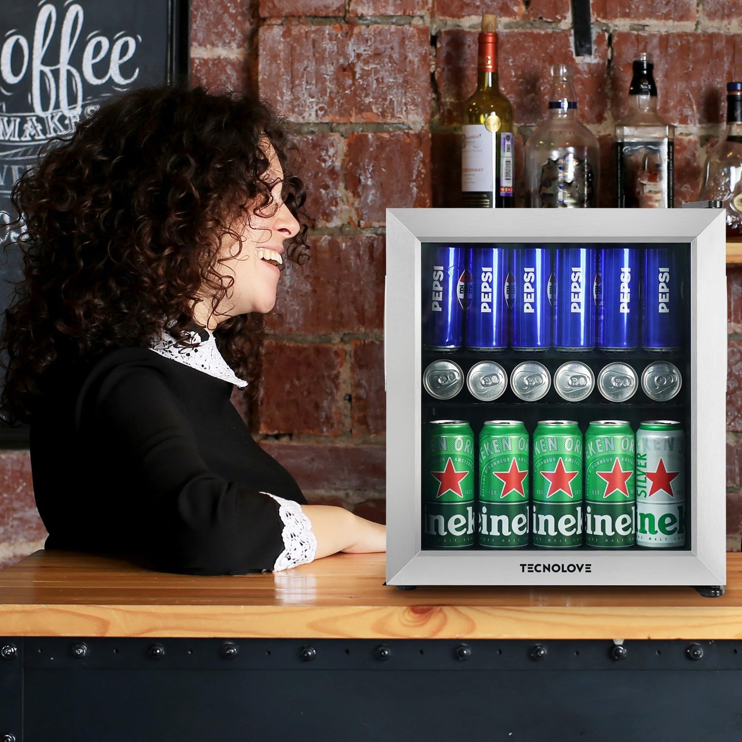 Tecnolove Beverage Refrigerator, 1.6 Cu.Ft Mini Fridge, Stainless Steel, LED Digital Temp Control, Double Glass Door, Adjustable & Removable Shelves, Compact Design for Home & Office