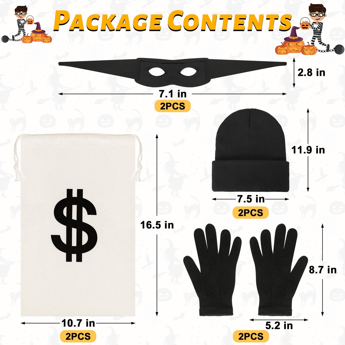 QZYL 8 PCS Robber Costume Set, Thief Cosplay Beanie Cap Gloves Eye Masks Canvas Money Bags for Halloween Burglar Theme Party