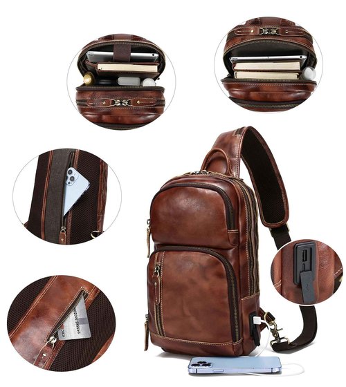 LANNSYNE Men's Vintage Full Grain Leather Sling Bag, Crossbody Chest Daypack fits 10.5" iPad
