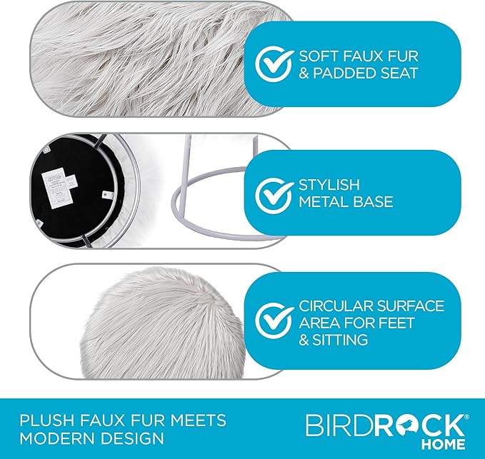 BIRDROCK HOME Round Faux Fur Foot Stool - Small Padded Ottoman with Soft Cushion for Living Room, Bedroom, or MakeUp Room - Modern Upholstered Accent Chair, Vanity Seat, Footrest for Couch/Sofa - Grey