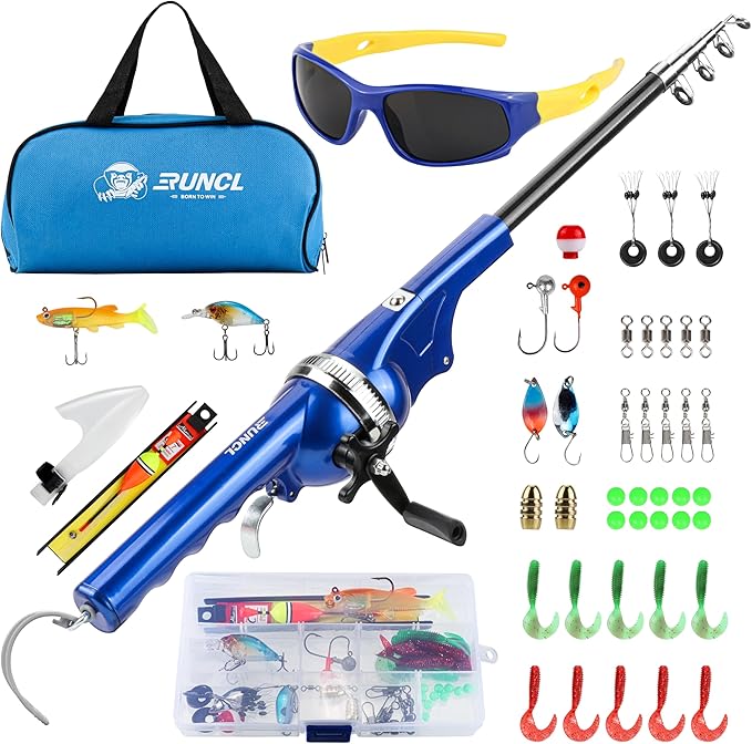 RUNCL Kids Fishing Pole - Portable Folding Fishing Rod and Reel Combo Kit with Spincast Fishing Reel, Kids Sunglasses, Tac...