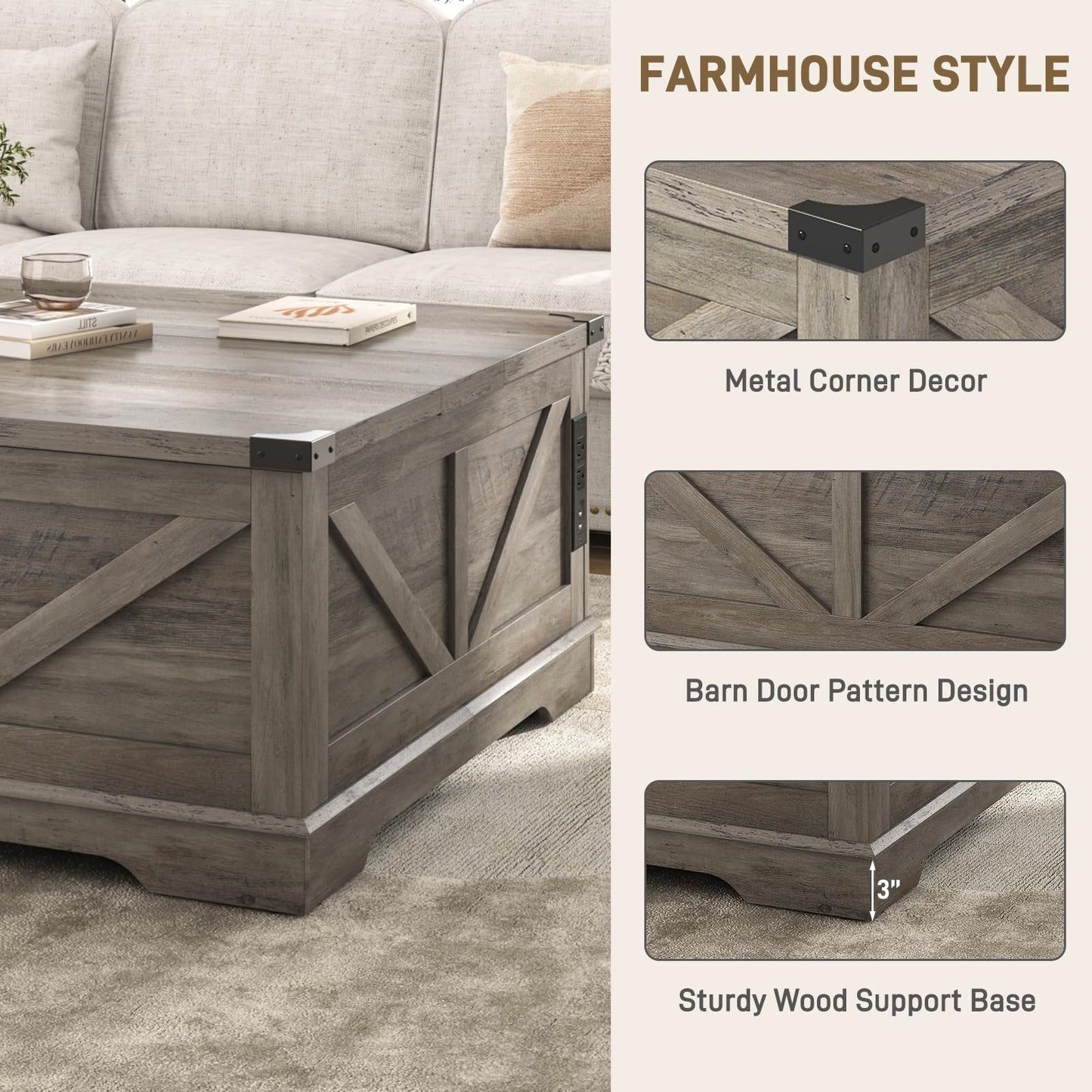 Hlivelood 40” Large Farmhouse Lift Top Coffee Table with Power Outlets and Large Hidden Storage, Square Wood Living Room Tables, Multi-Function Lift Wooden Barn Door Center Table, Grey