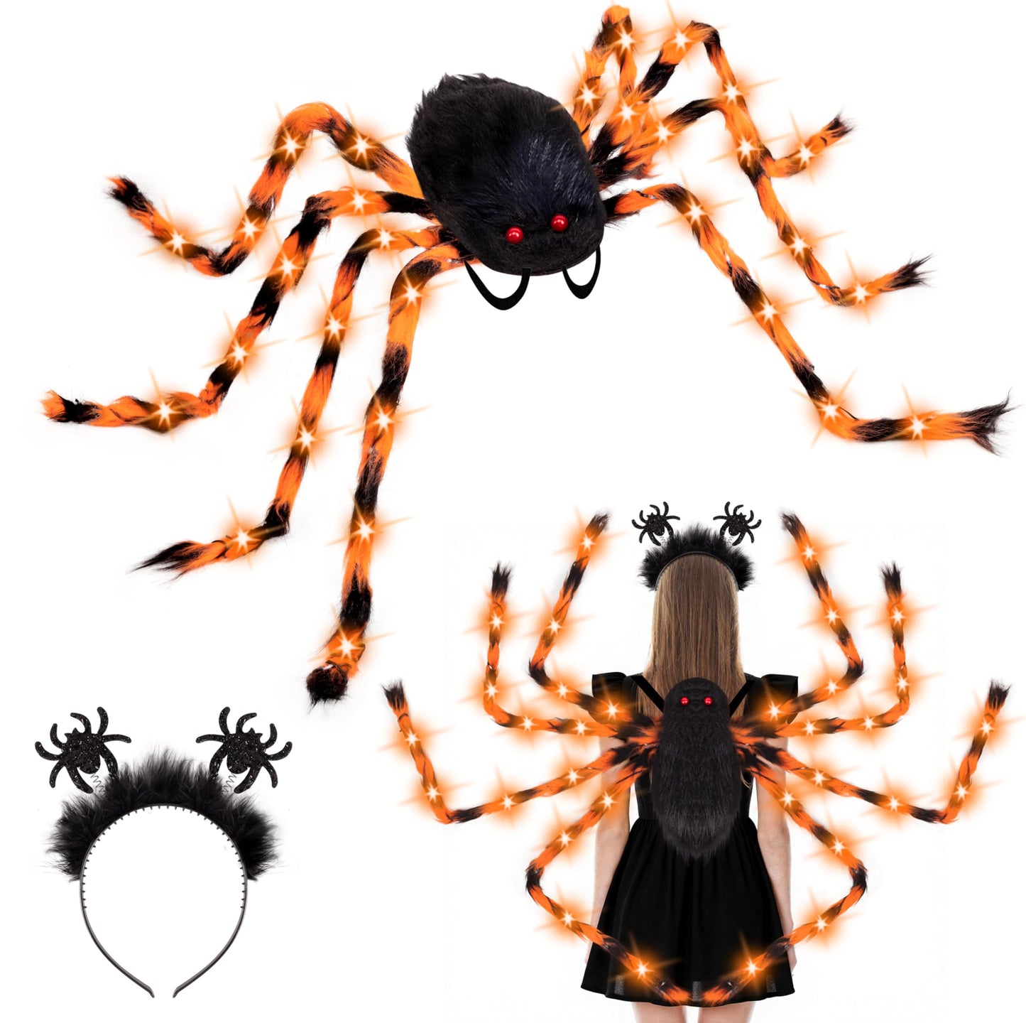 Halloween Spider Costume for Adults Orange LED Lights Plus Candy Backpack Headband Ring Tattoos for Trick or Treat Cosplay Halloween Party Decorations Accessories(Batteries Not Included)