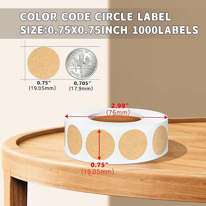 Kraft Paper Dot Stickers 3/4 Inch,1000 PCS 0.75" Blank Small Color Labels for Classroom,Papers,Market,Price Tags and Library Book Labels.Non - Printable Round Colored Stickers