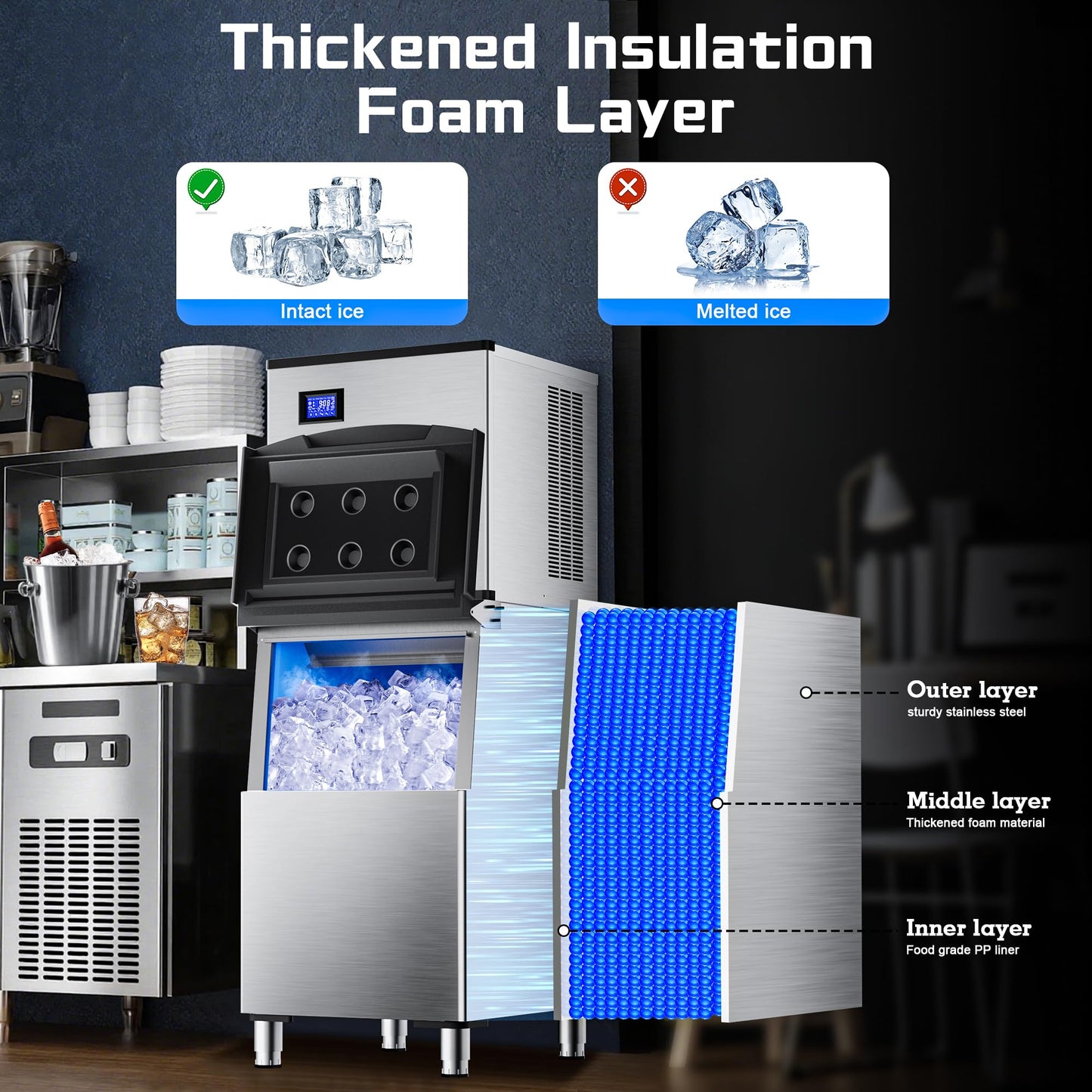 Commercial Ice Maker Machine 500Lbs/24H with 350Lbs Large Ice Storage Bin,Stainless Steel Industrial Ice Machine 156 Ice Cubes/Cycle with Touch Screen,Self-Cleaning for Restaurants Bars Cafes