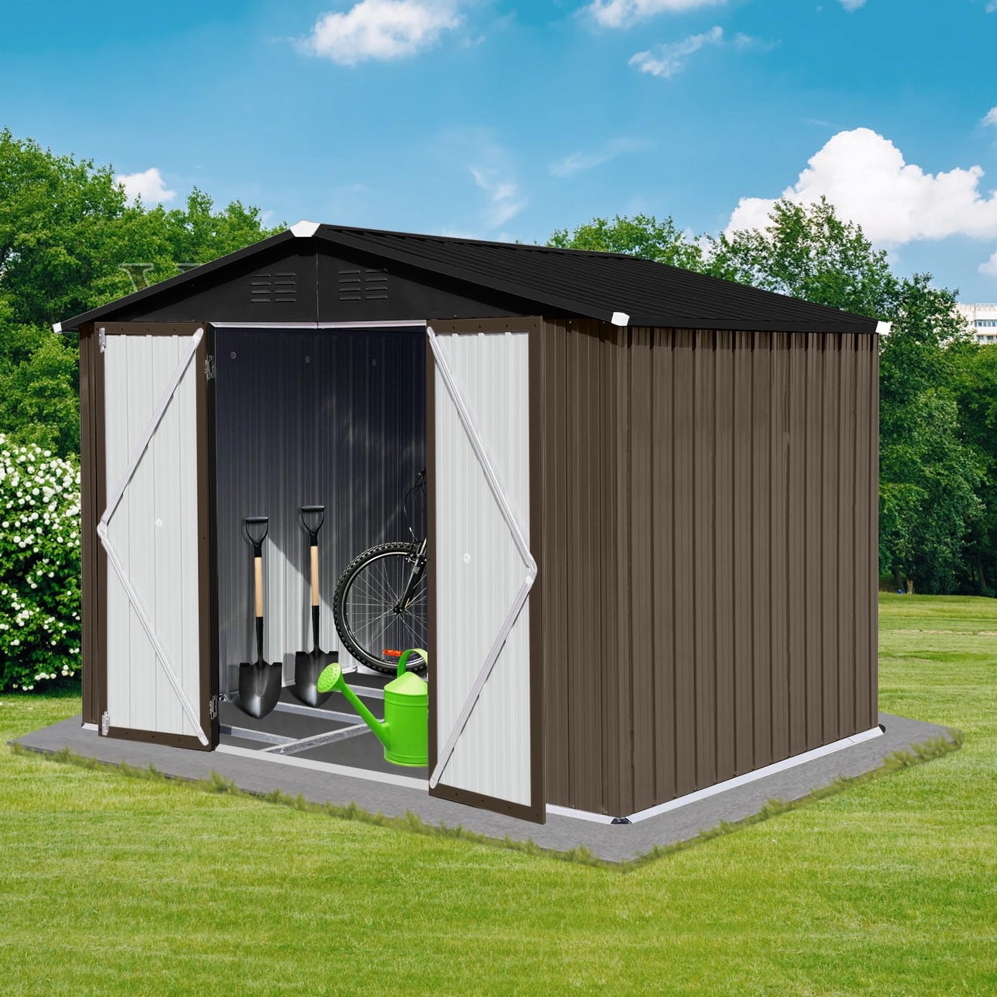 Jintop 6x8 FT Outdoor Storage Shed,with Hinged Door and Padlock,Pitched Roof Metal Garden Tool Sheds,w/Punched Vents,for Storing Bicycles, Lawnmowers, Barbeques,Garden Tools,Brown + Black