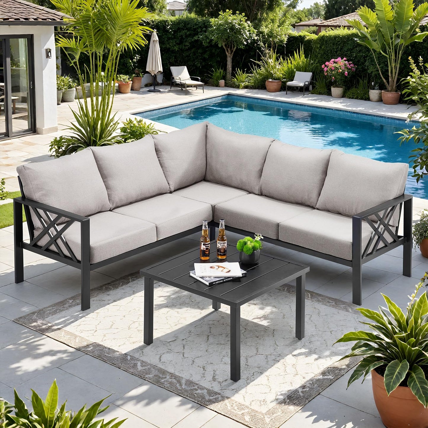 Patio Furniture Set, 6-piece Metal Sectional Furniture Sofa with Coffee Table, L Shaped Outdoor Couch with Olefin Cushion, Highback Frame, Outdoor Patio Conversation Sets for Balcony Backyard, Grey