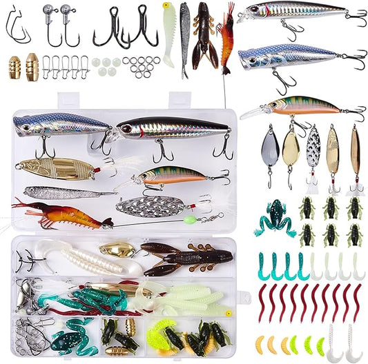 73PCS Fishing Lures Kit with Tackle Box for Freshwater Bass & Trout – Includes Crankbaits, Topwater Frogs, Soft Plastic Wo...