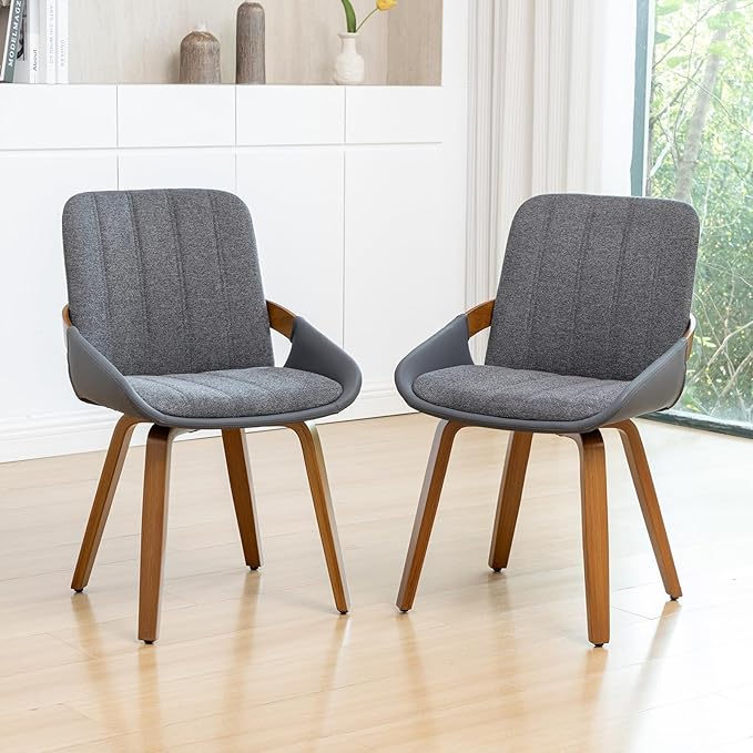 YOUUGIOR Dining Room Chairs,Mid Century Modern Gray Fabric+Faux Leather Kitchen Chairs Armless,Bamboo Legs Side Chairs No Wheels,Accent Chair for Dining Rooms,1PCS