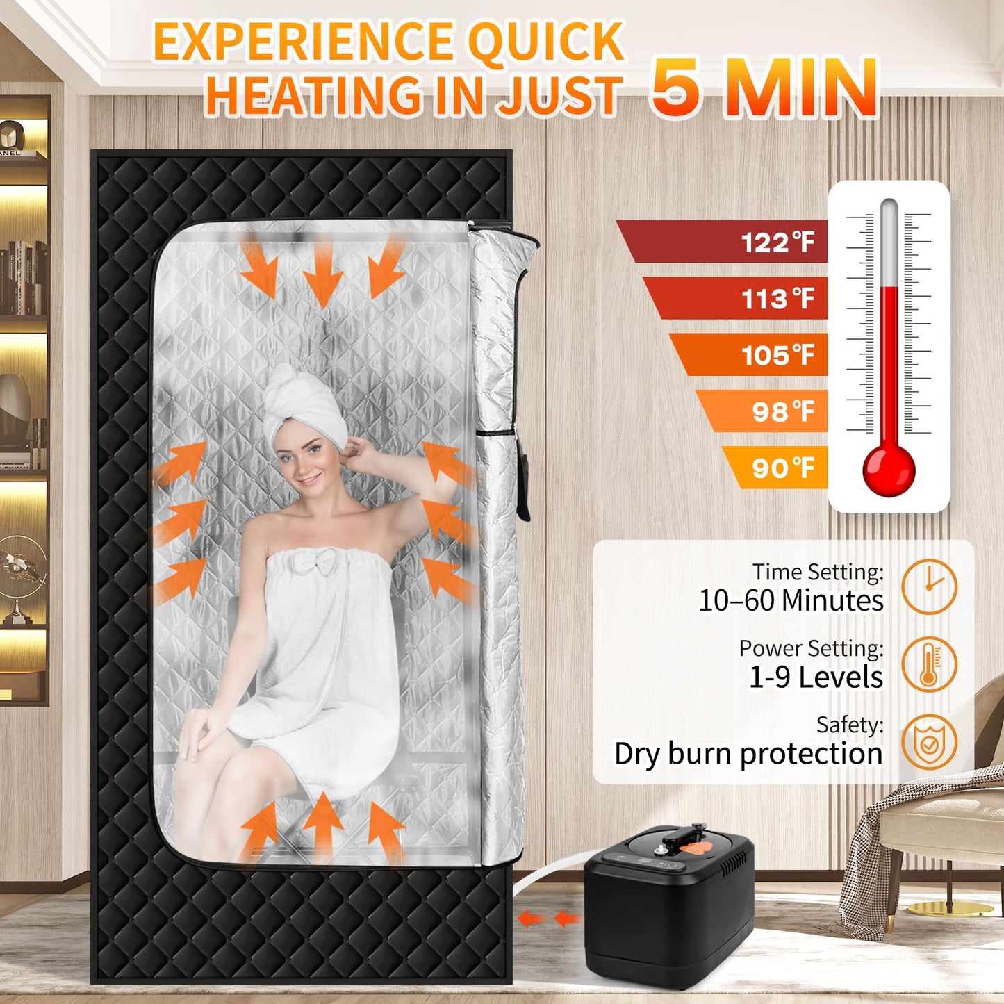 Aquatrend Portable Sauna Box for Home, 3' x 3' x 5.9' Personal Sauna Tent Full Size, 1200W 3L Steamer, Double Large Windows, Remote Control, Folding Chair, Fitness Gym Yoga Spa, Black
