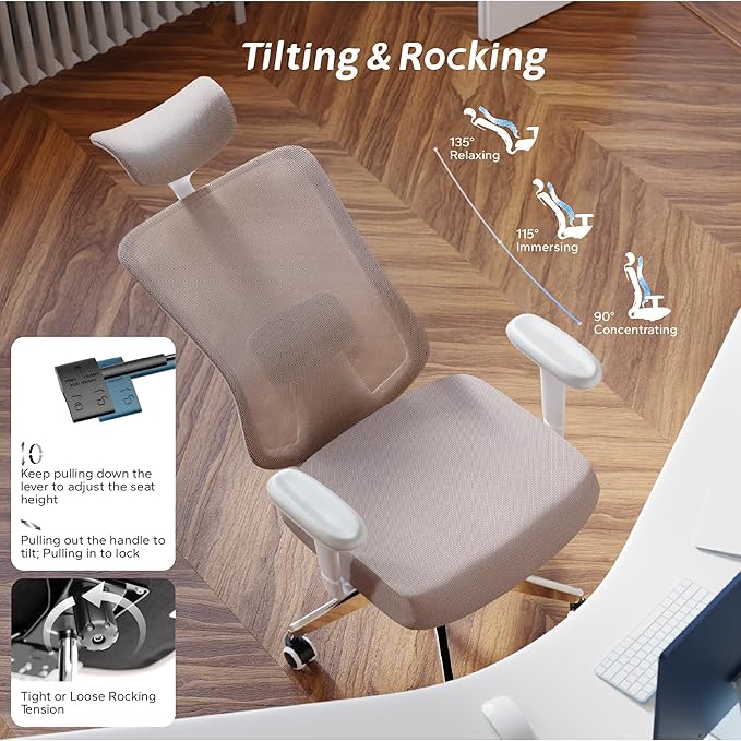 ZYFFHYLAI Ergonomic Office Chair, Mesh Desk Chair with Adjustable Headrest and 2D Armrest，Computer Chairs with Lumbar Support, Big and Tall Office Chair 400lbs, Large (01khaki)