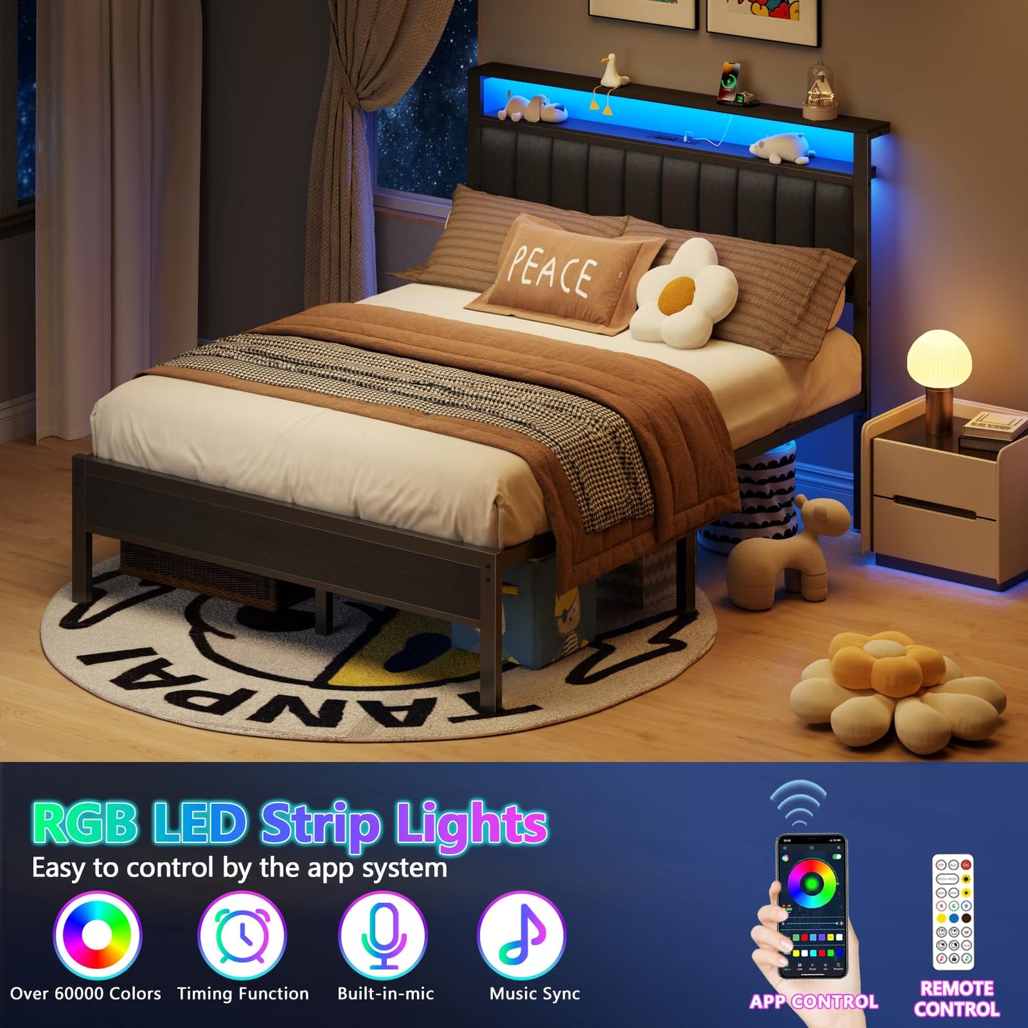 Furnulem Queen Size Bed Frame with Charging Station and LED Lights, Platform Bed with Metal Slats, Grey Upholstered Headboard with 2-Tier Storage Shelves, No Box Spring Needed