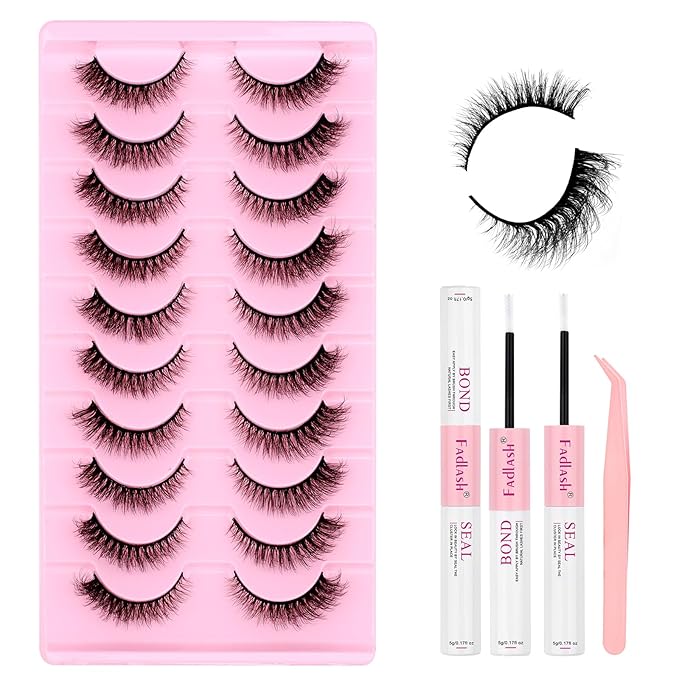 FADLASH False Eyelashes Kit 10 Pairs Cat Eye Lashes Mink Lashes Wispy with Lash Bond and Seal and Tweezer Fake Eyelashes Natural Look Handmade Eyelashes Fake Lashes Strips (XH03 Kit)