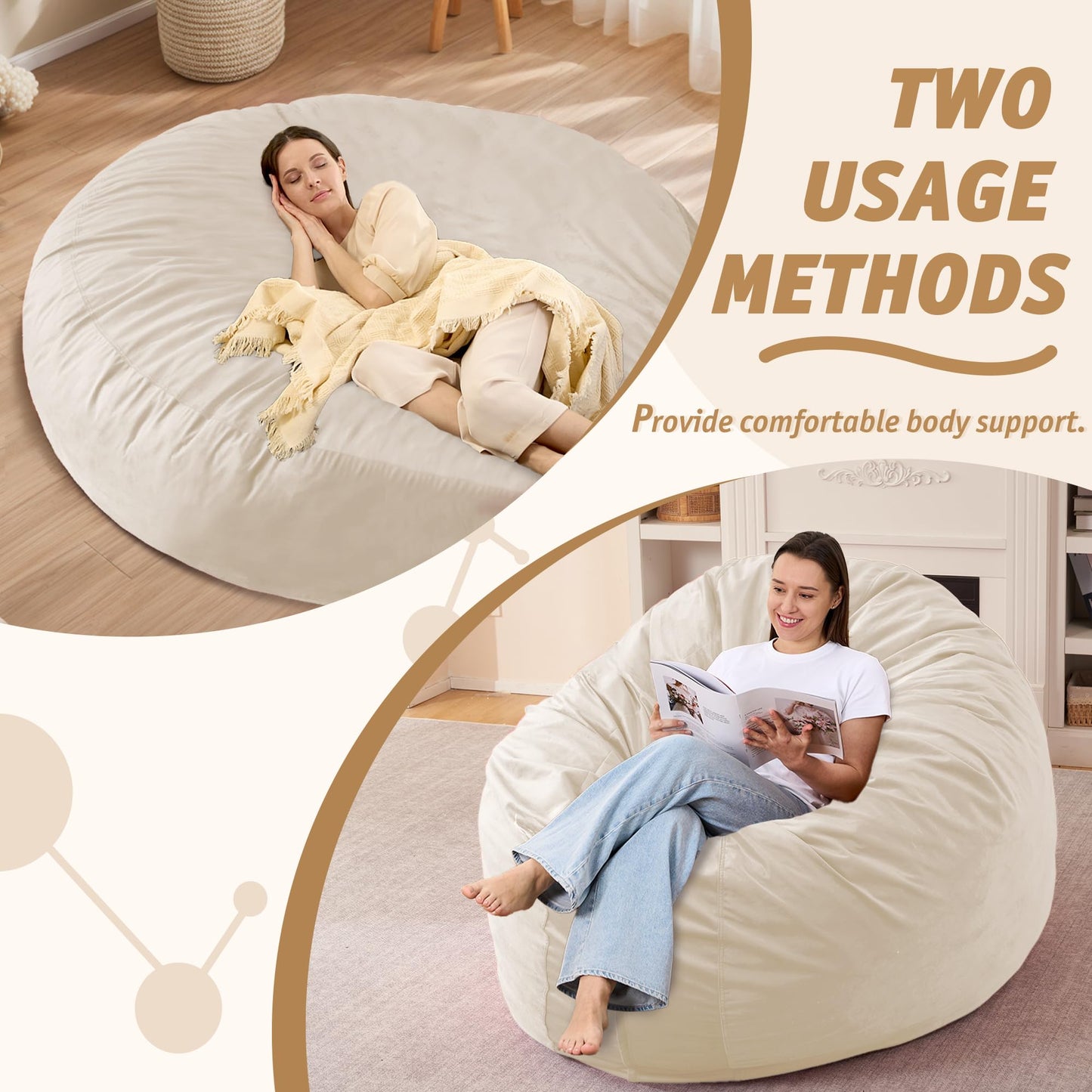lilanoon Bean Bag Chair 7FT with Ultra Soft Velvet Cover Memory Foam Bean Bag Large Size Lazy Sofa for Living Room Beige 7FT