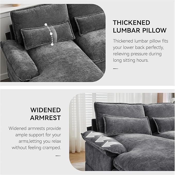 125" U Shaped Cloud Modular Sectional Couch for Living Room, Small Comfy Chenille Sofa with Double Chaise Lounge, Storage Central Console, Cup Holders, USB Port,Grey
