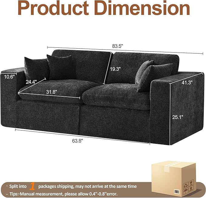 88''Cloud Boneless Sectional Couch, Modular Sectional Sofa Deep Seat, Upholstered Convertible Comfy Loveseat Chenille Memory Foam Sofa Couches for Living Room, Dark