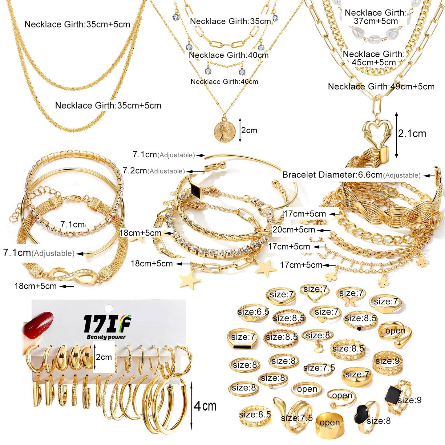 59 Pcs(8 Pack) Gold Plated Jewelry Set For Women With 8 Necklace 12 Bracelet 27 Ring 12 Pair Earring Hoop Simple Sparkle For Happy