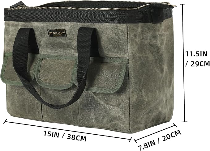 15 Inch Tool Bag, Heavy Duty Waxed Canvas Wide Mouth Water-Resistant Tool Bag, Garden Tool Tote with 15 Pockets | ArmyGreen