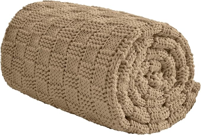 Knitted Weighted Blanket for Adult, No Beads Heavy Blanket 50” x 60'' 10lbs, Breathable Chunky Knit Blanket, Cooling Weighted Blanket for Hot Sleepers, Christmas Home Decor (Camel)