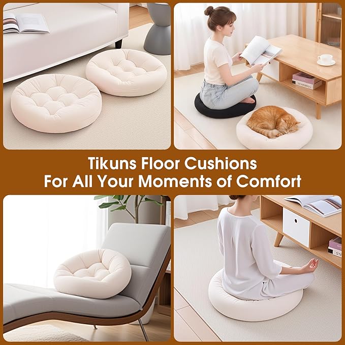 2Pcs Floor Pillows for Adults, 22x22 Inch Meditation Cushions, Large Round Sitting Cushion Living Room Memory Foam Pillow for Sitting (1, Beige, 22x22x4 Inch)