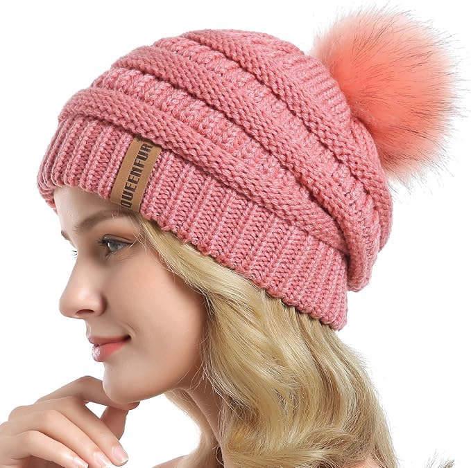 QUEENFUR Women Knit Slouchy Beanie Chunky Baggy Hat with Faux Fur Pompom Winter Soft Warm Ski Cap