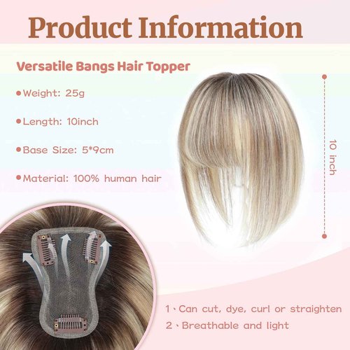 Human Hair Toppers for Women with Fringe 10 Inch Real HairPieces-360°3D Bangs for Thinning Hair Topper Swiss Base Ombre Light Brown with Blond Highlight（2T613）