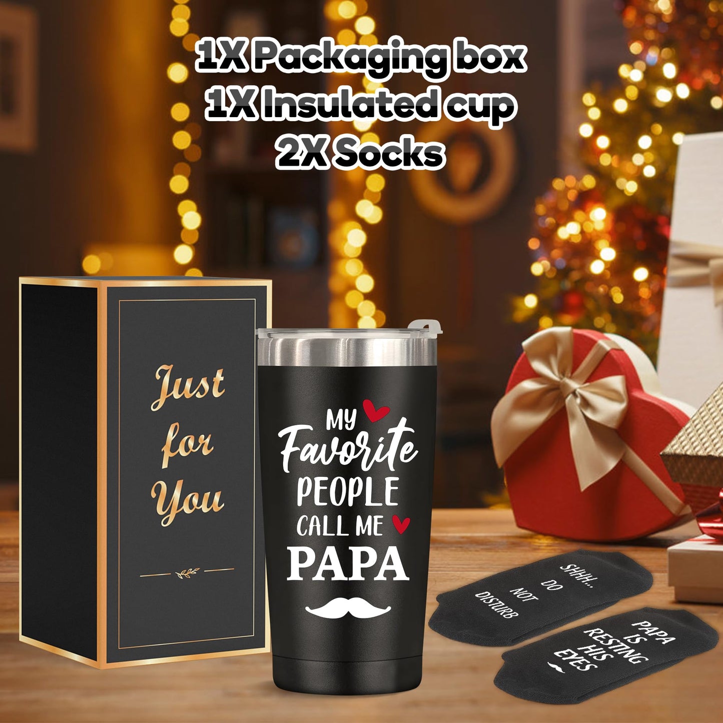 Papa Gifts,Birthday Christmas Gifts for Dad from Daughter Son,Funny Socks 20 Oz Insulated Tumbler Cup Sets Present,Best Gift Ideas for Papa Grandpa Grandparents from Grandkids Granddaughter Grandson