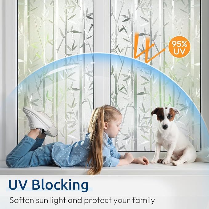 rabbitgoo Window Privacy Film Frosted Bamboo Pattern, Removable UV Blocking Stained Glass Decals Covering Decorative Window Cling for Home, 17.5 in X 6.5 Feet, Regular