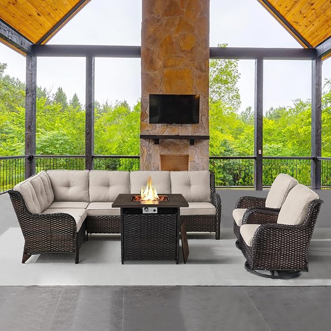 Belord Outdoor Sectional Furniture Sofa Set with Propane Fire Pit Table, Wicker Patio Conversation Set with 2 Swivel Rocker Glider Chairs Beige Cushion Perfect for Backyard Casual Gathering