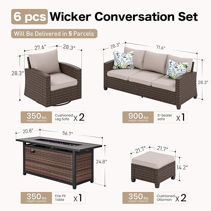 SUNSHINE VALLEY Swivel Glider Patio Furniture Set Outdoor Furniture Brown Wicker Rattan Patio Conversation Sets with Cushion Outside Sofa Set,5 Pieces with Rectangular Firepit Table,7 Seats,Beige