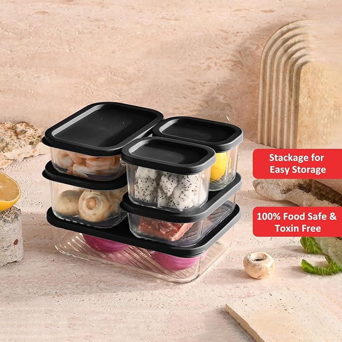 EATEX 12 Pack Glass Meal Prep Containers with Grooved Base, 12 Stackable BPA Free Glass Storage Containers with Lids for Lunch, Pantry, and Kitchen - Microwave, Dishwasher Freezer & Oven Safe - Sage