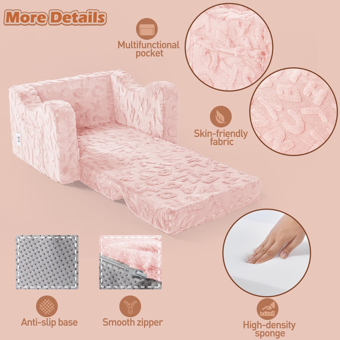 KokoSelene Kids Couch, 2-in-1 Convertible Kids Chair to Lounger Bed, Kids Sofa for Toddler Boys Girls, Ideal for Reading Sleeping Gaming Decor (Pink)
