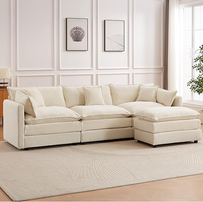 saows Modular Sectional Sofa, 112.2 Inch L Shaped Couch Set with Armrests, 3-Seater Comfy Cloud Couches with Movable Ottoman for Living Room Apartment, Beige