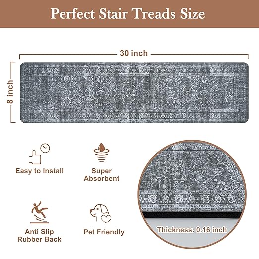 OJIA Vintage Stair Treads Non-Slip Stair Runner for Wooden Steps Indoor 15PCS 30"x8" Carpet Stair Treads Stair Mats Staircase Step Treads for Kids, Elders and Dogs, Stair Covers, Dark Gray