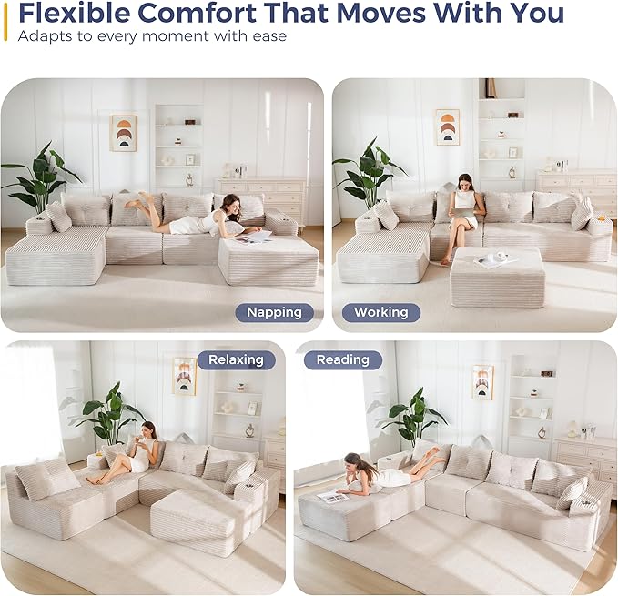 MAXYOYO 132" Giant U-Shaped Modular Sectional Couch, Modern Boneless Couch for Living Room, Sofa in A Box, Oversized Sofa Sleeper with Deep Seat, No Assembly Required, Grayish Beige
