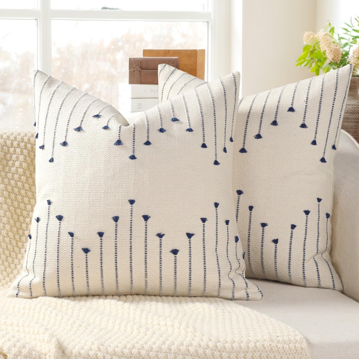 Boho Throw Pillow Covers 18x18 Set of 2 Neutral Woven Decorative Pillowcases Cotton Tufted Couch Pillows Modern Farmhouse Accent Cushion Covers for Sofa Couch Bed Living Room Home Decor, Navy Blue