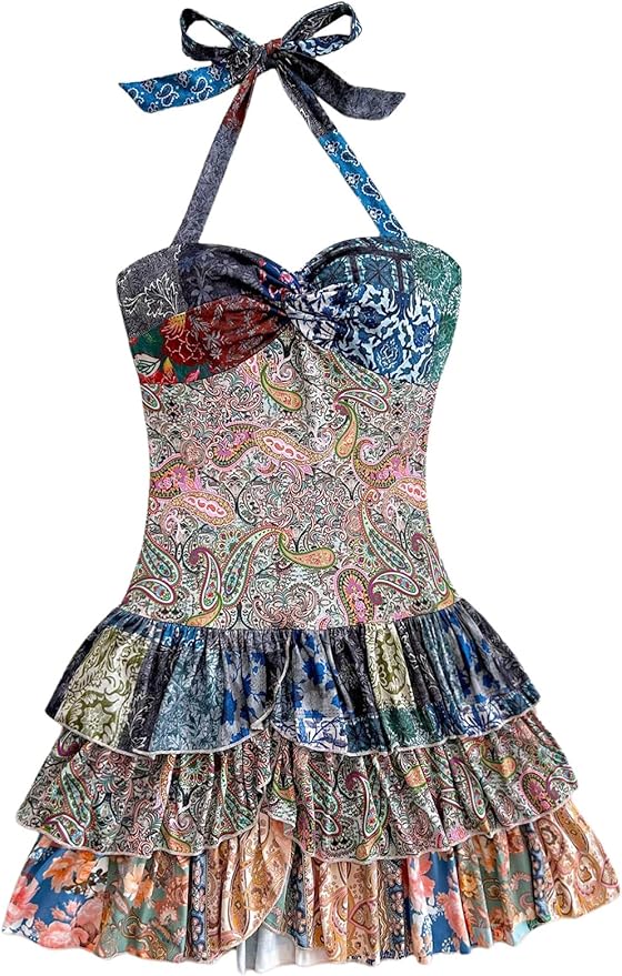 WDIRARA Women's Paisley Floral Boho Ruffle Layered Halter Dress Twist Front Tie Backless A Line Mini Dresses